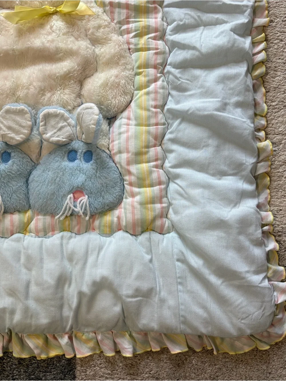 Vtg 80s 90s Baby Blanket Quilt Teddy Bear Bunny Slippers Pastel Ruffle 32x40